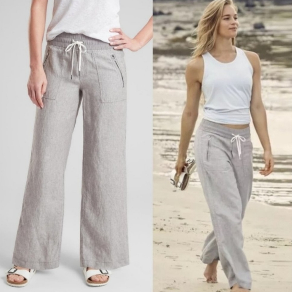 Athleta Cabo Linen Wide Leg Pants Oxford Gray Size 2